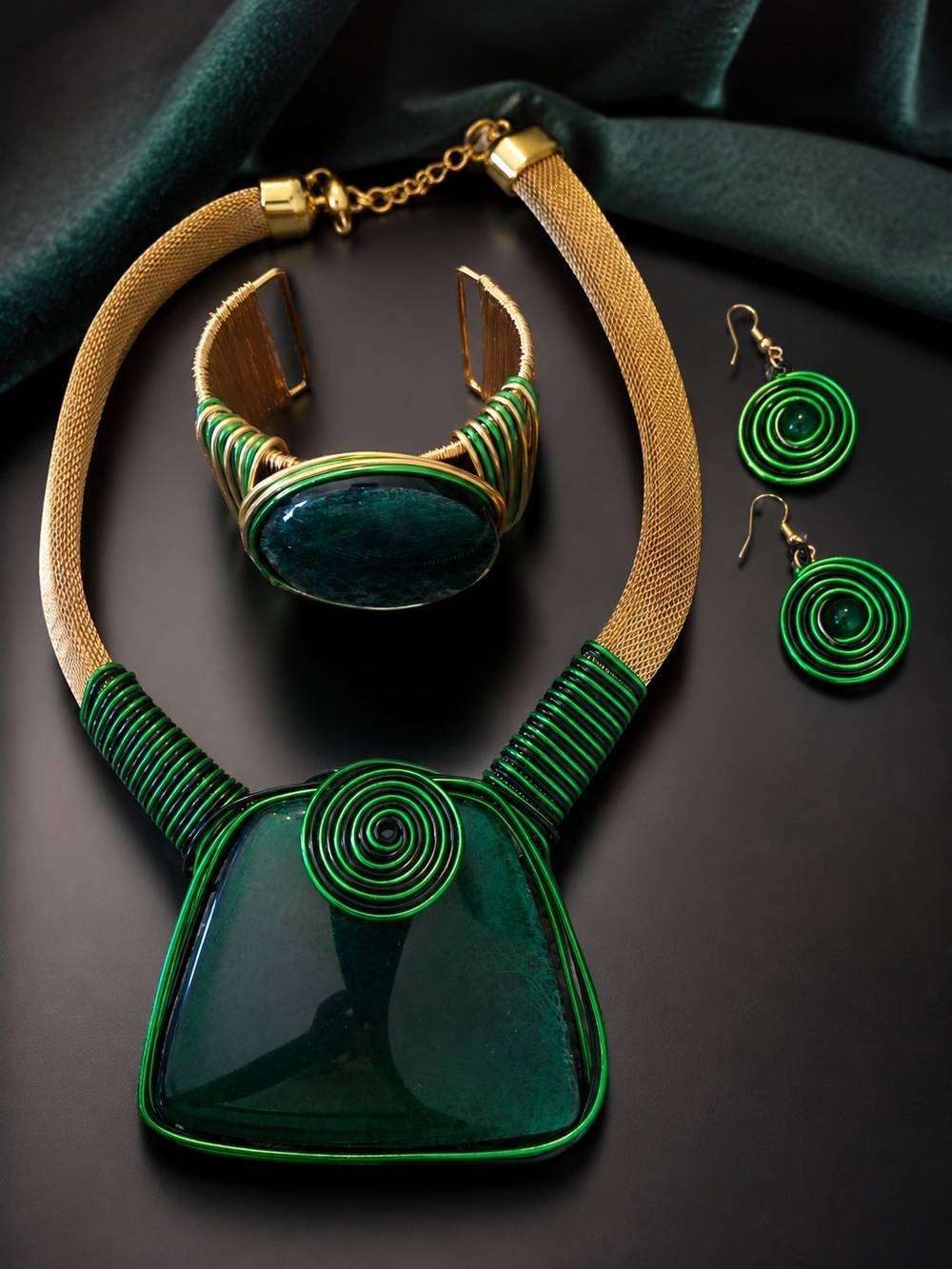No Boundaries Gold-Tone Necklace Set with Emerald Green Accents